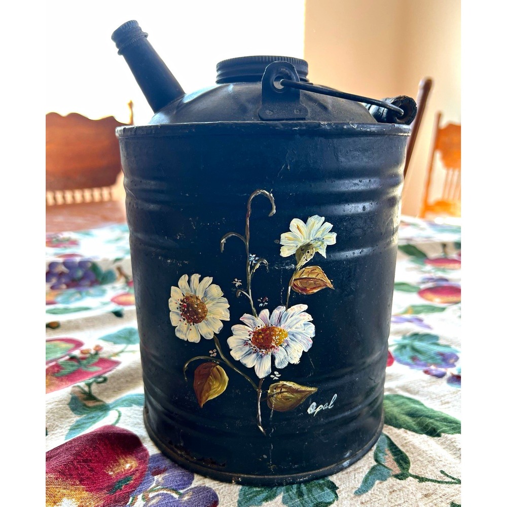 Black Metal Gas & Oil Can Spout & Handle, Hand-Painted White Flowers Farmhouse